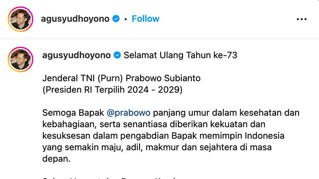 Unggahan AHY untuk Prabowo. (Foto: Dok. Instagram @agusyudhoyono)