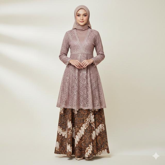 Gamis Brokat V-Neck Rok Batik A-Line (Gemini AI)