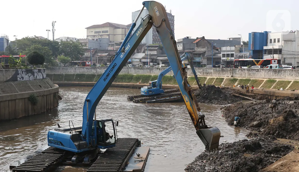 Eksavator amphibi digunakan untuk melakukan proses pengerukan endapan tanah di aliran Sungai Ciliwung, Jakarta, Selasa (28/7/2020). Pengerukan endapan ini untuk memperlancar aliran air Sungai Ciliwung serta upaya pencegahan banjir saat musim hujan. (Liputan6.com/Helmi Fithriansyah)