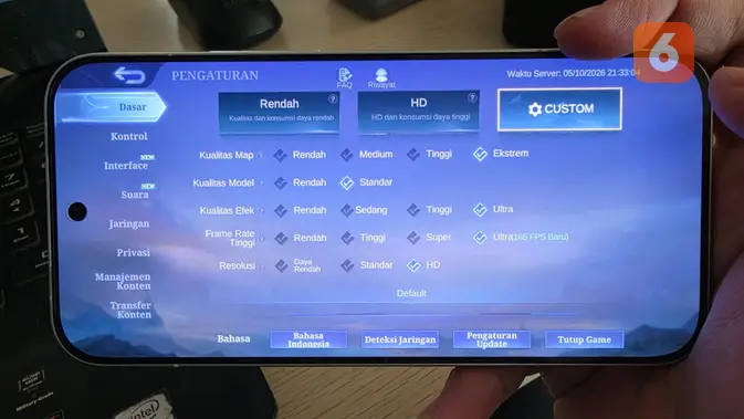 Settingan grafik Mobile Legends pada Poco F9 Pro. Liputan6.com/M Yudha Pratama.