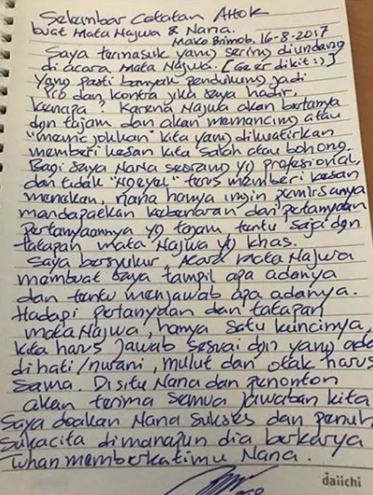 Surat Basuki Tjahaja Purnama (Ahok) untuk Mata Najwa dan Nana saat berada di Mako Brimob. (Instagram/@basukibtp)