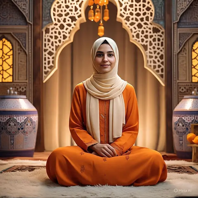 Ilustrasi muslimah memakai gamis orange dengan jilbab krem. (Ilustrasi by Meta AI)