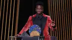 Bintang Real Madrid, Vinicius Junior saat menerima Socrates Award dalam malam penghargaan Ballon d'Or 2023 di Theatre du Chatelet di kota Paris, Prancis, Selasa (31/10/2023) dini hari WIB. (FRANCK FIFE / AFP)