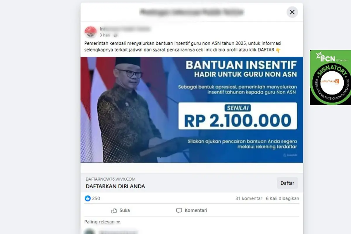 Tangkapan layar klaim link pendaftaran bantuan insentif guru non ASN 2025 yang beredar di Facebook.