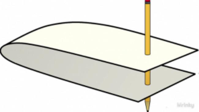 Visualisasi wormhole menggunakan objek sehari-hari. Dua sisi kertas menunjukkan titik 'waktu A' dan 'titik waktu B'. Pensil yang menembus kedua sisi kertas mengilustrasikan perjalanan waktu. (Wikimedia Commons)