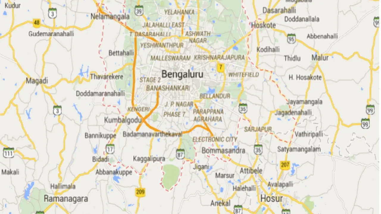 Peta Bangalore yang kini menjadi Bengaluru di India.