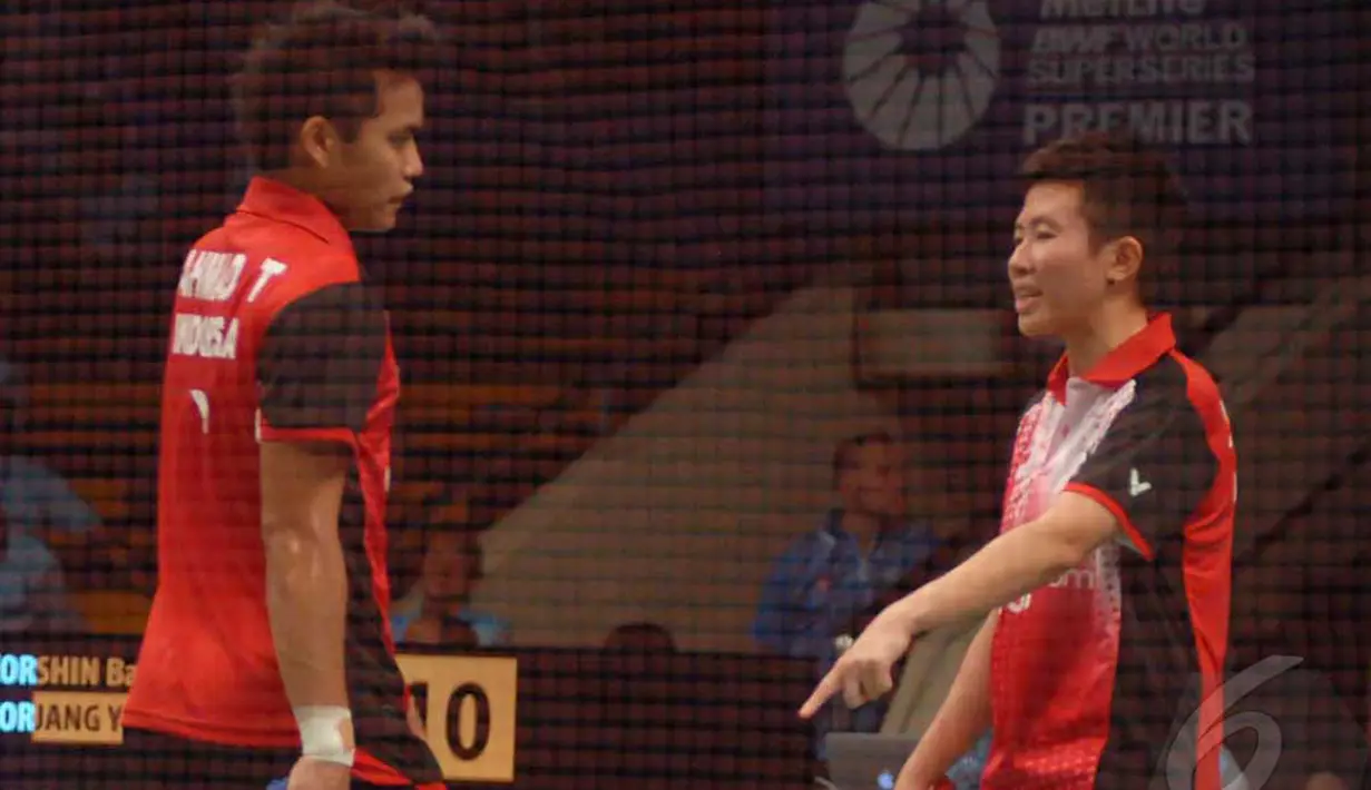  Pertarungan alot sehingga terjadi rubber gim 21-11, 22-24, 21-13 di Istora Senayan, Kamis (19/6/2014), dalam kurun waktu 53 menit, Jakarta, Kamis (19/6/2014) (Liputan6.com/Miftahul Hayat).