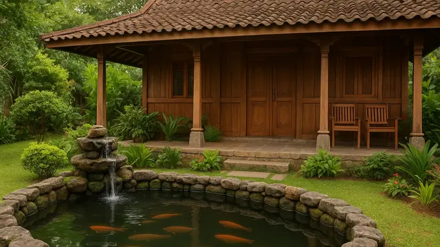 Model Rumah Sederhana dengan Kolam Ikan di Depan (Foto: ChatGPT)