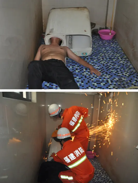 Kombinasi foto yang memperlihatkan saat seorang pria terjebak di mesin cuci (atas) dan saat petugas pemadam kebakaran berusaha menolong pria tersebut di Fuqing, China, 29 Mei 2016. (REUTERS/Stringer)