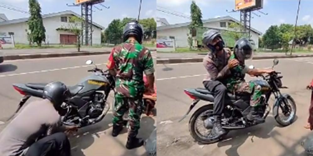 TNI dan Polisi boncengan motor (TikTok/@bhabinmacho)