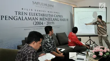 CEO Saiful Mujani Research Consulting (SMRC), Djayadi Hanan memaparkan grafik saat rilis hasil survei nasional Tren Elektabilitas Capres: Pengalaman Menjelang Hari H (2004-2019) di Kantor SMRC, Jakarta, Minggu (7/10). (Merdeka.com/Iqbal S Nugroho)