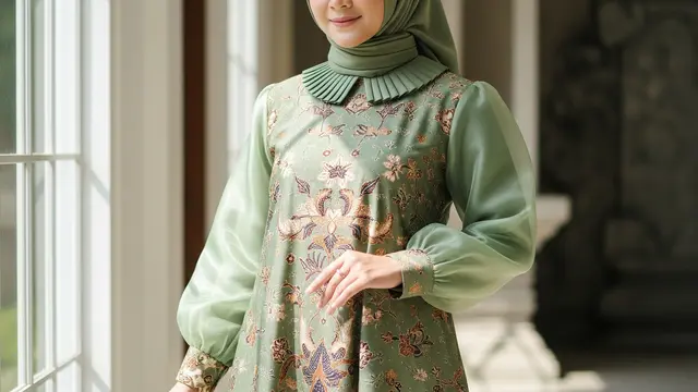 Gamis Batik Sage Organza Lengan Balon