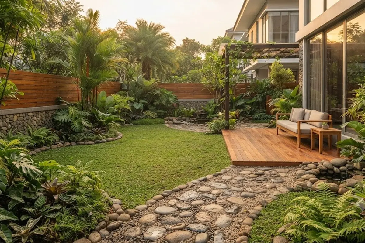 Inspirasi Taman dengan Unsur Kayu dan Batu Kali