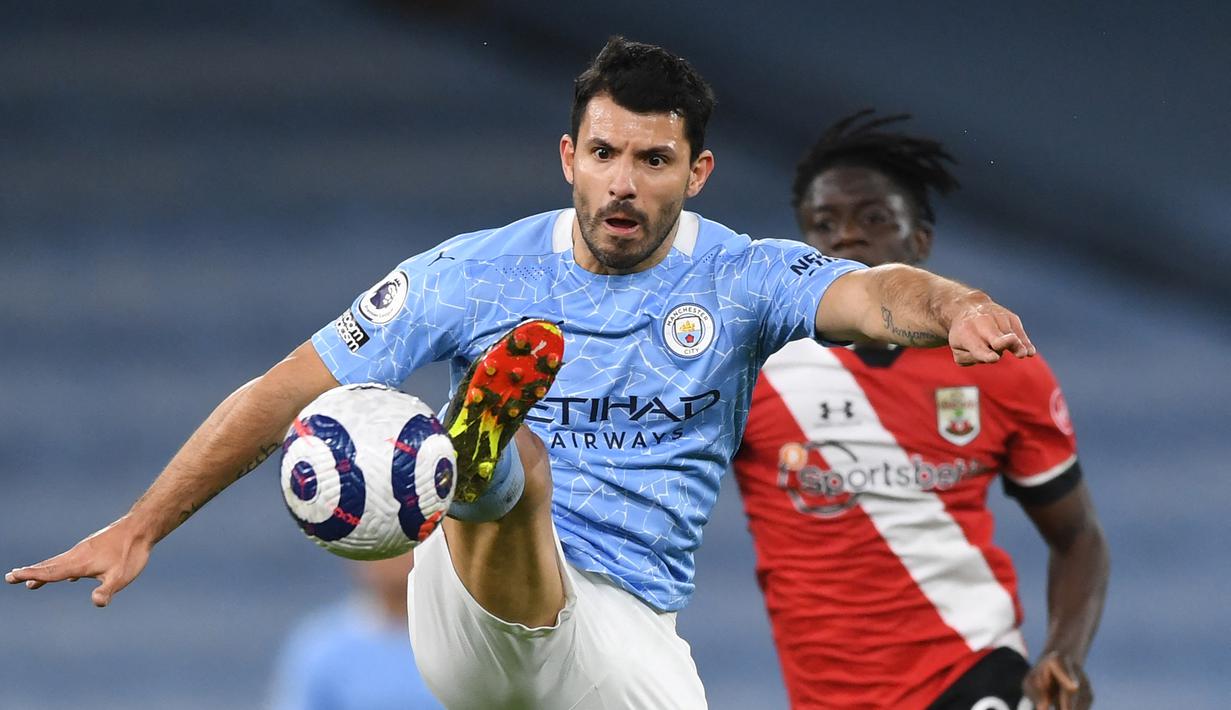 Sergio Aguero. Striker Timnas Argentina ini telah mencetak 18 hattrick dengan rincian: 16 untuk Manchester City, 1 untuk Atletico Madrid dan 1 untuk Timnas Argentina. (AFP/Gareth Copley/Pool)