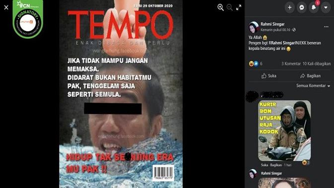 Gambar Tangkapan Layar Foto yang Diklaim Majalah Tempo Bergambar Kepala Jokowi (sumber: Facebook)