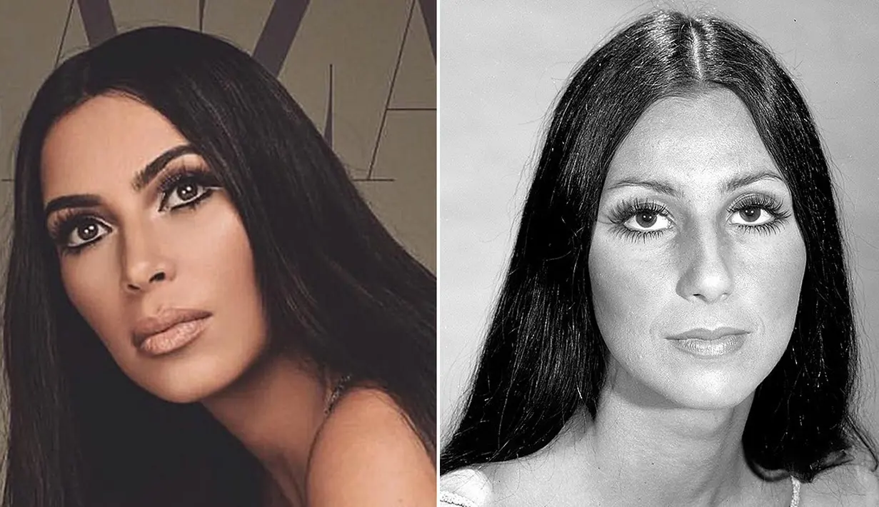 Kim Kardashian memang sudah diketahui sebagai fans berat Cher. Tak jarang ia meniru gaya sang idolanya itu. (Us Weekly)