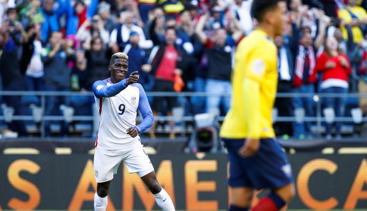 Ekspresi striker AS, Gyasi Zerdes, setelah mencetak gol ke gawang Ekuador pada perempat final Copa America Centenario 2016, di Century Link Field, Seattle, Jumat (16/6/2016). (Reuters/Joe Nicholson-USA TODAY Sports)