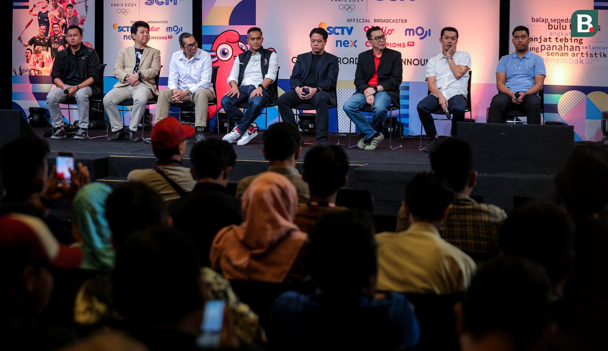 Suasana acara pengumuman SCM Grup sebagai pemegang hak siar Olimpiade Paris 2024 di Studio Lt 8 SCTV Tower, Senayan, Jakarta, Rabu (19/06/2024). (Bola.com/Bagaskara Lazuardi)