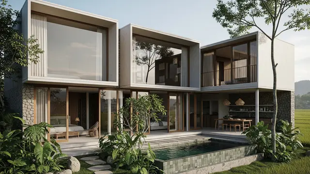 Desain Rumah Minimalis di Kampung tapi Terlihat Seperti Resort Mewah di Tengah Alam (Image by Gemini AI)