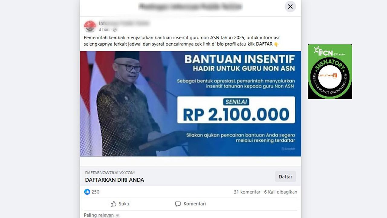 Tangkapan layar klaim link pendaftaran bantuan insentif guru non ASN 2025 yang beredar di Facebook.