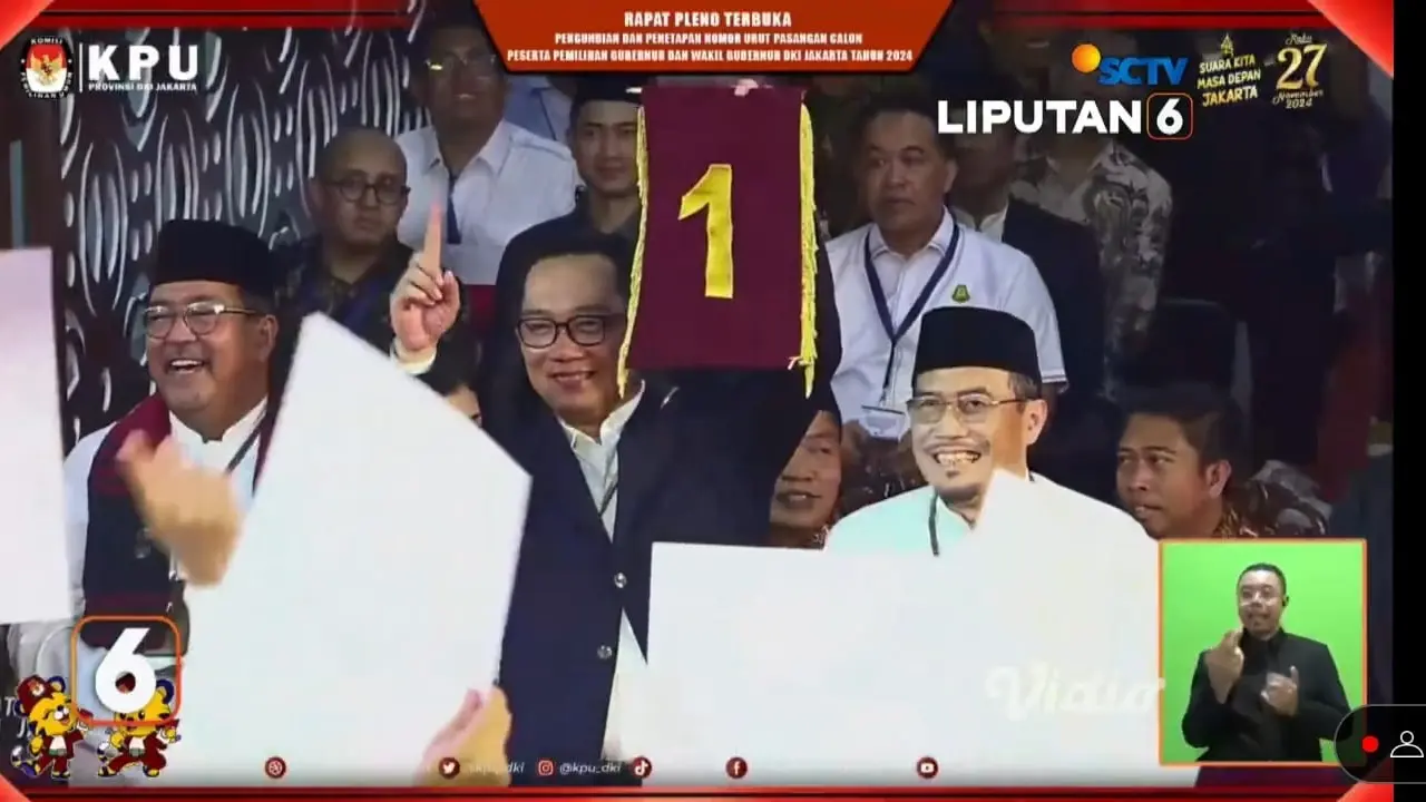 Pasangan Ridwan Kamil dan Suswono mendapat nomor urut 1 dalam pengundian di Kantor KPU Jakarta, Senin (23/9/2024).