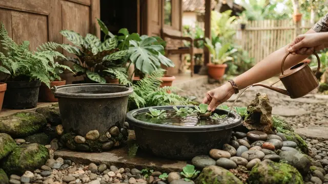 Cara Membuat Kolam Ikan Mini dari Ember Bekas Bergaya Zen Ala Jepang dengan Menambahkan Tanaman Air dan Isi Secara Bertahap