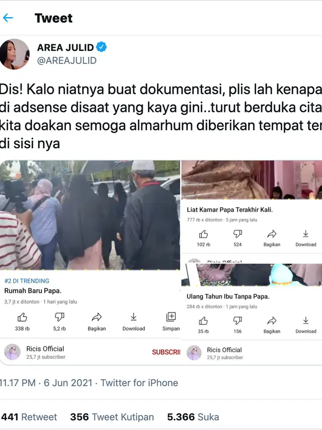 Unggahan @areajulid soal video konten Ria Ricis. (Foto: Dok. Twitter @areajulid)