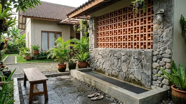 Desain Tempat Wudhu Rumah dengan Dinding Roster/AI Generated