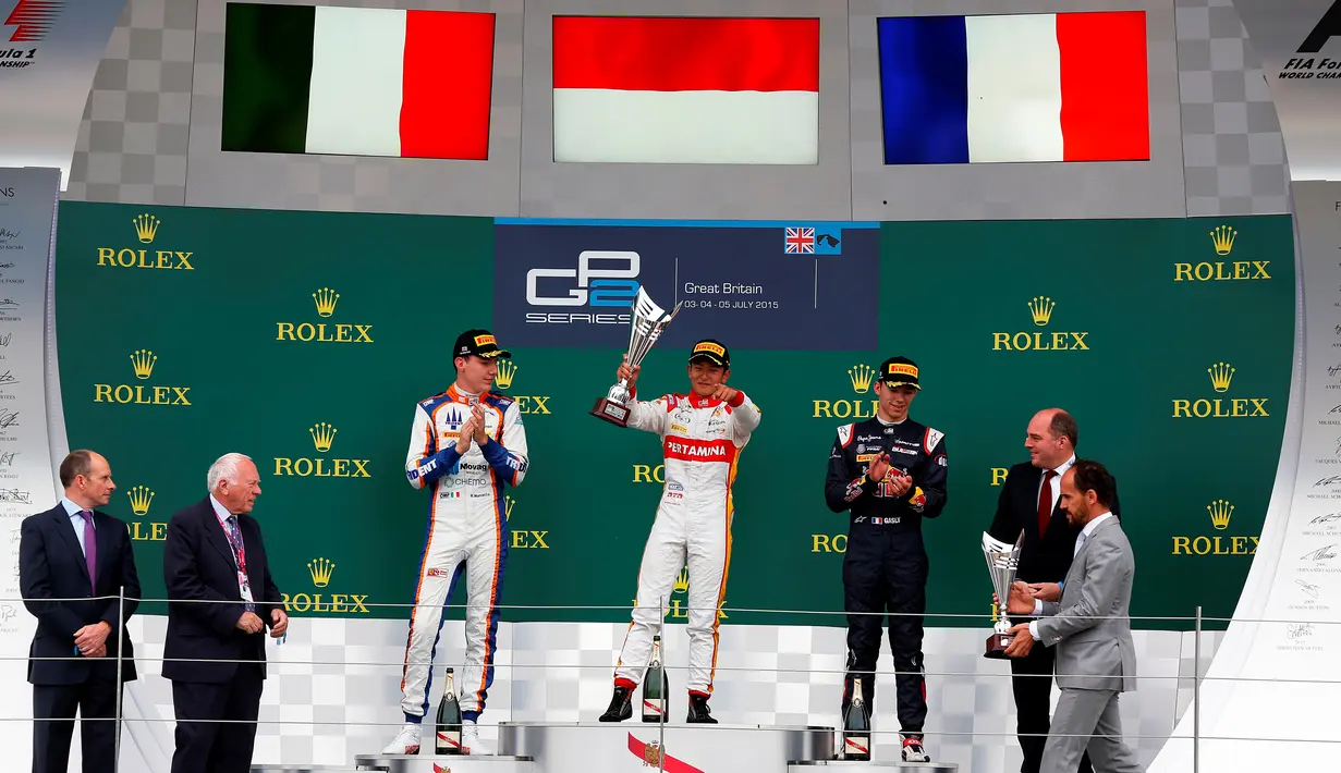 Pebalap Indonesia, Rio Haryanto, kembali meraih juara di Sprint Race GP2 Seri Inggris yang berlangsung di Sirkuit Silverstone, Inggris. Minggu (5/7/2015). (GP2 Media Service)