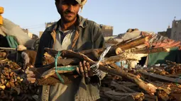 Seorang pria membawa tumpukan kayu di sebuah pasar di Sanaa, Yaman, pada 5 November 2020. Penduduk Yaman beralih menggunakan kayu untuk memasak karena kekurangan pasokan bahan bakar. (Xinhua/Mohammed Mohammed)