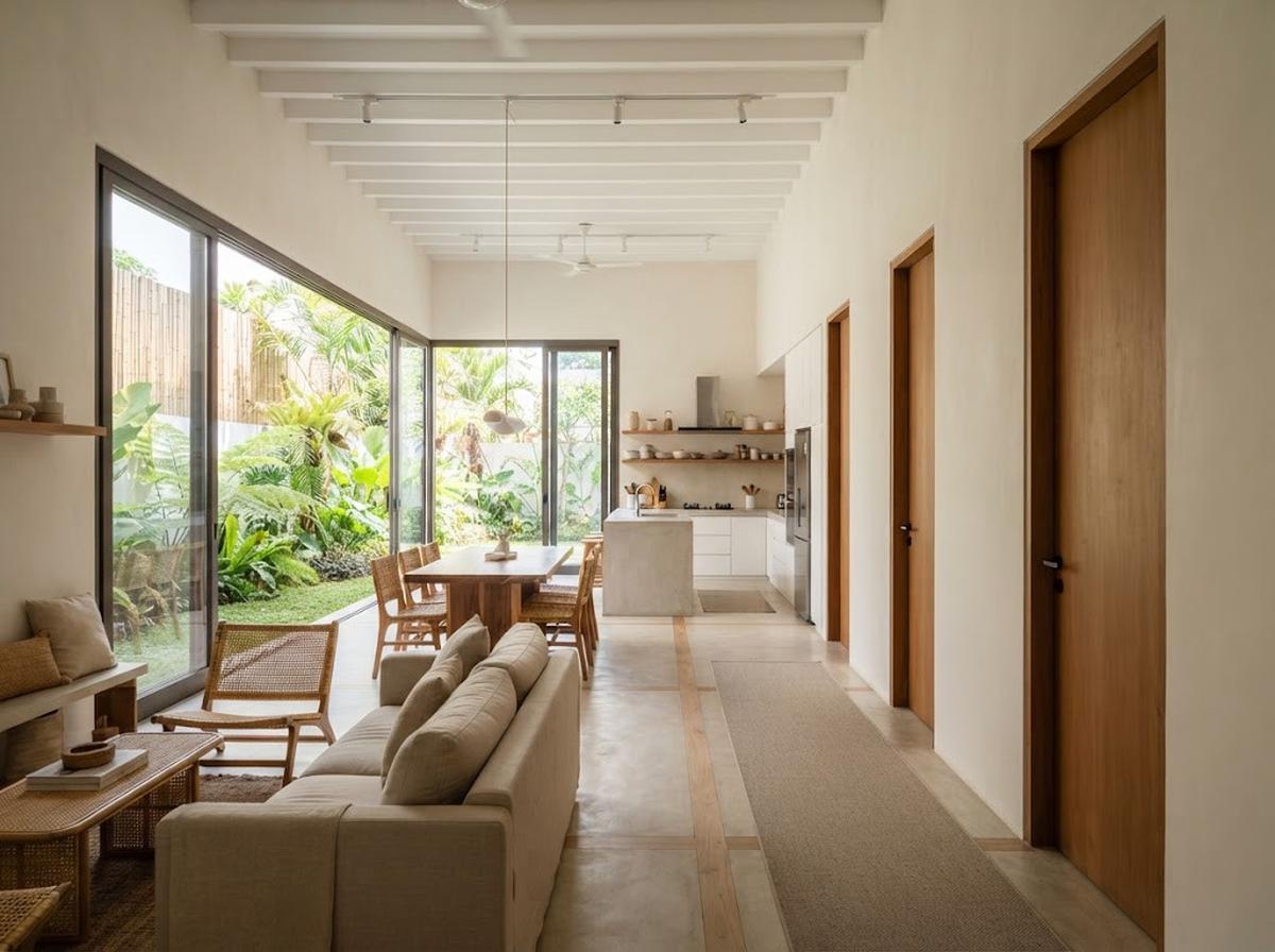 Desain Rumah Memanjang dengan Dapur Terbuka dan Pencahayaan Alami