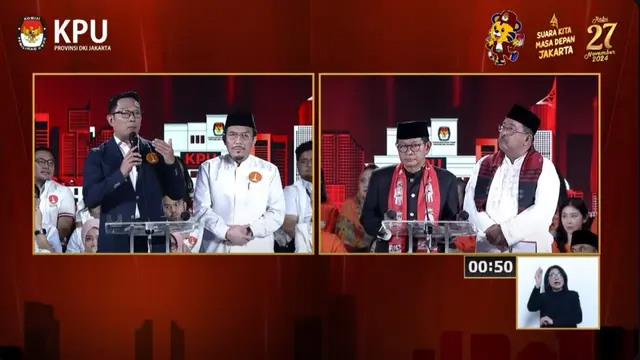Paslon gubernur dan calon wakil gubernur nomor urut 1 Ridwan Kamil-Suswono dan paslon nomor urut 3  Pramono Anung-Rano Karno saat debat terakhir atau debat ketiga Pilkada Jakarta 2024.