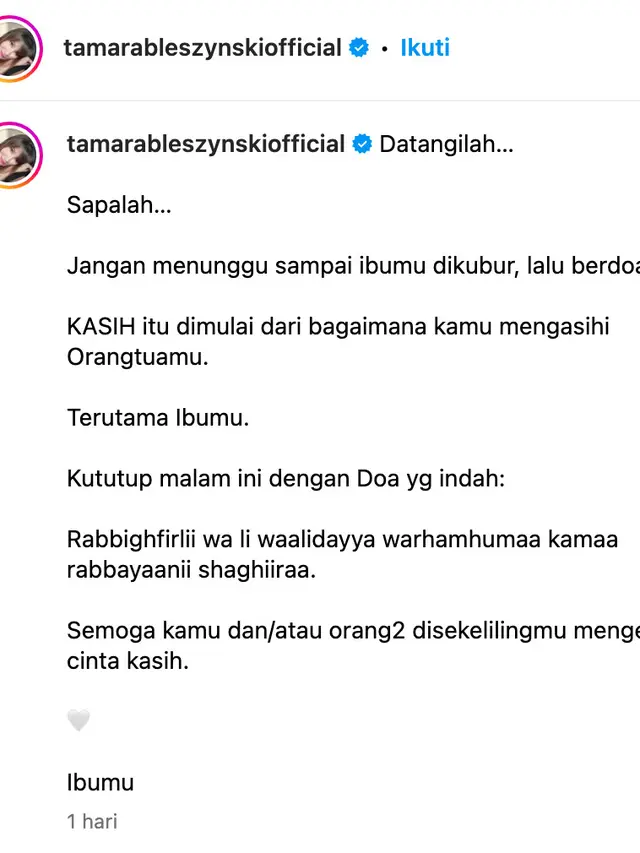 Unggahan Tamara Bleszynski. (Foto: Dok. Instagram @tamarableszynskiofficial)