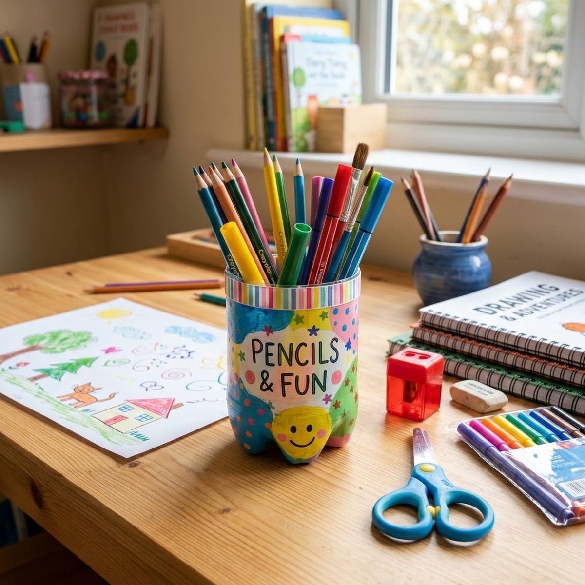 Cara Membuat Tempat Pensil dari Botol Bekas untuk Meja Anak (AI Generated)