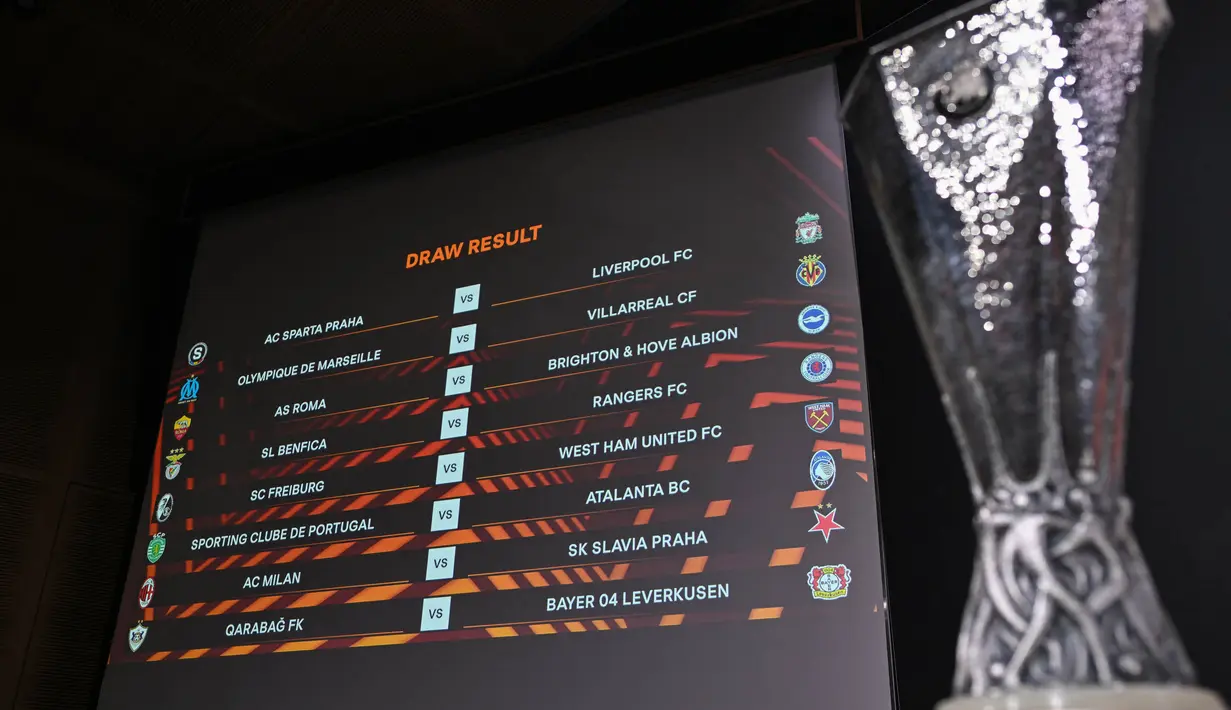 Sebuah layar menampilkan jadwal pertandingan setelah pengundian babak 16 besar turnamen sepak bola Liga Europa 2023-2024 di House of European Football di Nyon, pada 23 Februari 2024. (Fabrice COFFRINI/AFP)