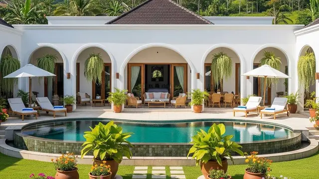 Desain Rumah Kecil Tapi Mewah Ala Villa dengan Taman Depan