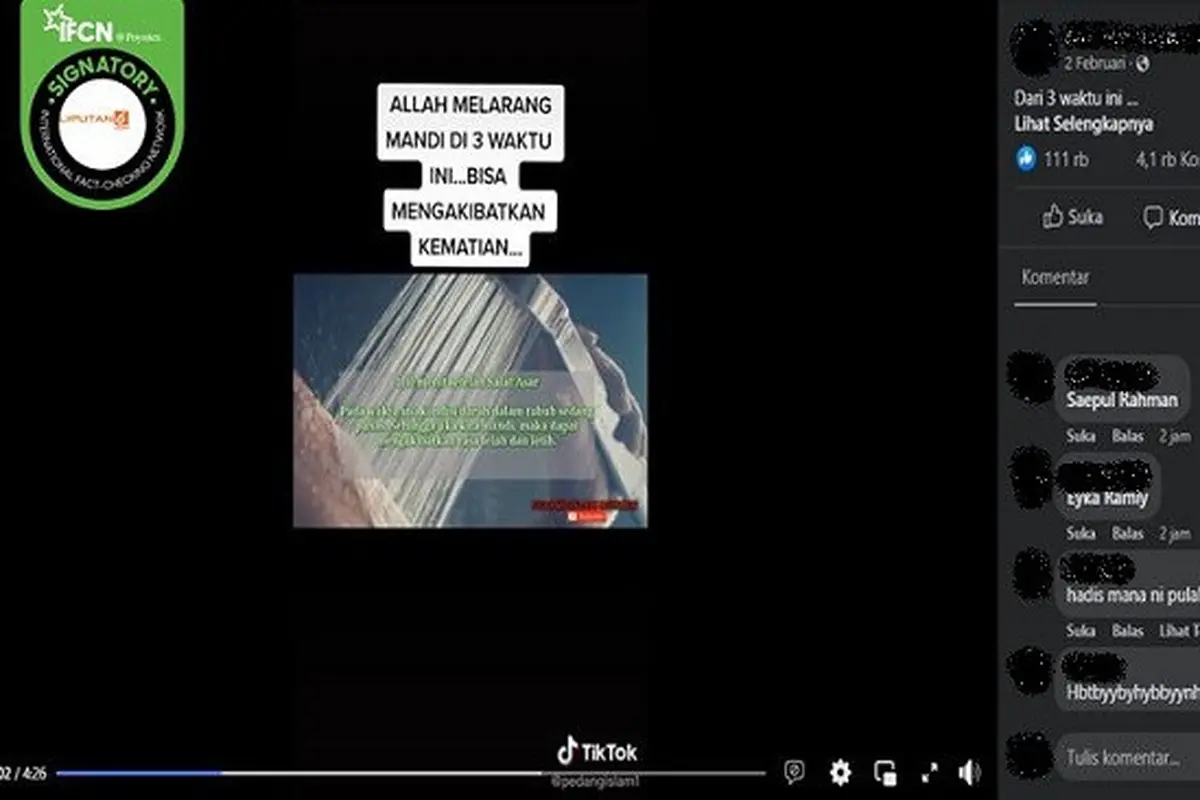 Gambar Tangkapan Layar Klaim Tiga Waktu yang Dilarang Mandi karena Dapat Menyebabkan Kematian Mendadak (sumber: Facebook).