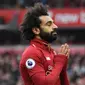 Gelandang Liverpool Mohamed Salah berselebrasi usai mencetak gol ke gawang Chelsea dalam lanjutan Liga Inggris di Stadion Anfield, Liverpool, Inggris, 14 April 2019. Pamain asal Mesir ini akan membela Liverpool menghadapi Tottenham Hotspur di final Liga Champions 2019. (Photo by Paul ELLIS/AFP)