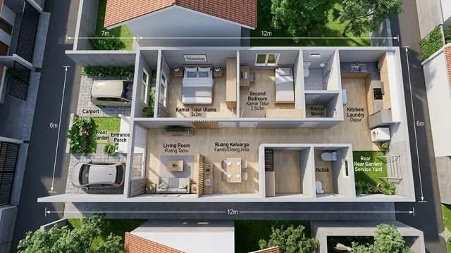 Desain Rumah 2 Kamar Type 36 di Lahan Sempit Memanjang (Foto: Gemini AI)