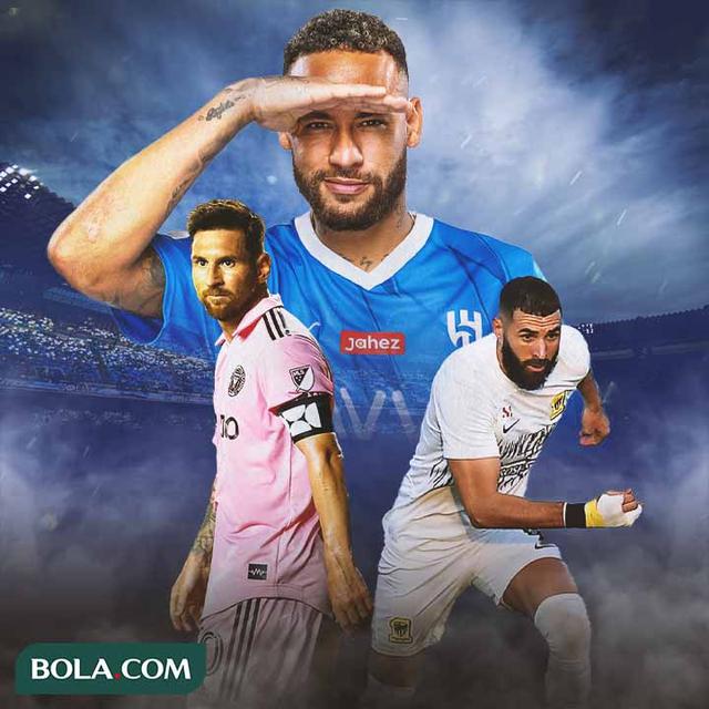 Ilustrasi - Neymar - Al Hilal, Karim Benzema - Al-Ittihad, Lionel Messi - Inter Miami