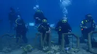 Maumere Diver Community (MDC) melakukan transplantasi karang untuk ditempatkan di dasar laut di Pantai Waiara, Desa Waiara, Kecamatan Kewapante, Kabupaten Sikka, NTT. (Liputan6.com/Dionisius Wilibardus)