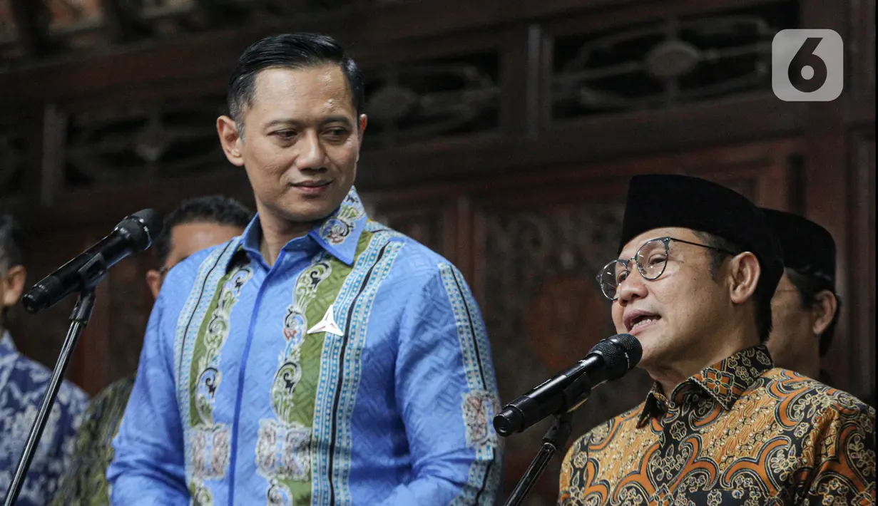 Ketua Umum Partai Kebangkitan Bangsa (PKB) Muhaimin Iskandar  dan Ketua Umum Partai Demokrat Agus Harimurti Yudhoyono (AHY)di Puri Cikeas Bogor Jawa Barat, Rabu (3/5/2023). (Liputan6.com/Faizal Fanani)