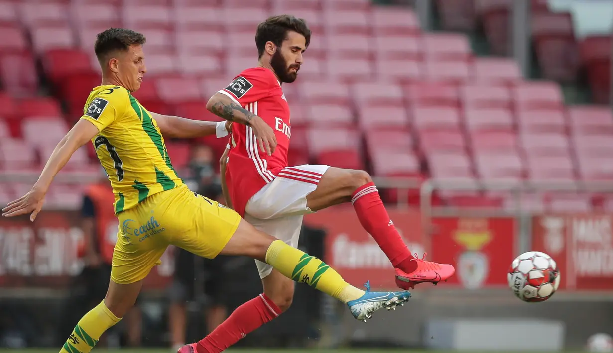 Gelandang Benfica, Rafa Silva, berebut bola dengan gelandang Tondela, Richard Rodrigues, pada laga Liga Portugal di Stadion The Luz, Lisbon, Kamis (4/6/2020) waktu setempat. Kompetisi Liga Portugal resmi dilanjutkan dengan aturan tanpa penonton di setiap pertandingan. (AFP/Tiago Petinga/pool)