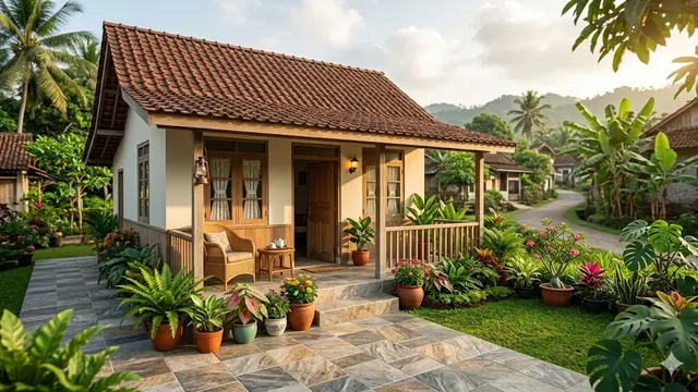 Contoh Rumah Desa dengan Teras Keramik Motif Batu dan Taman Mini