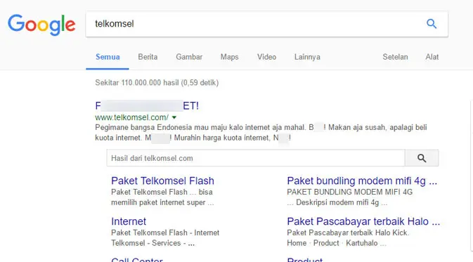 Tampilan yang muncul ketika mengetikkan Telkomsel di situs pencarian Google. Liputan6.com/ Mochamad Wahyu Hidayat