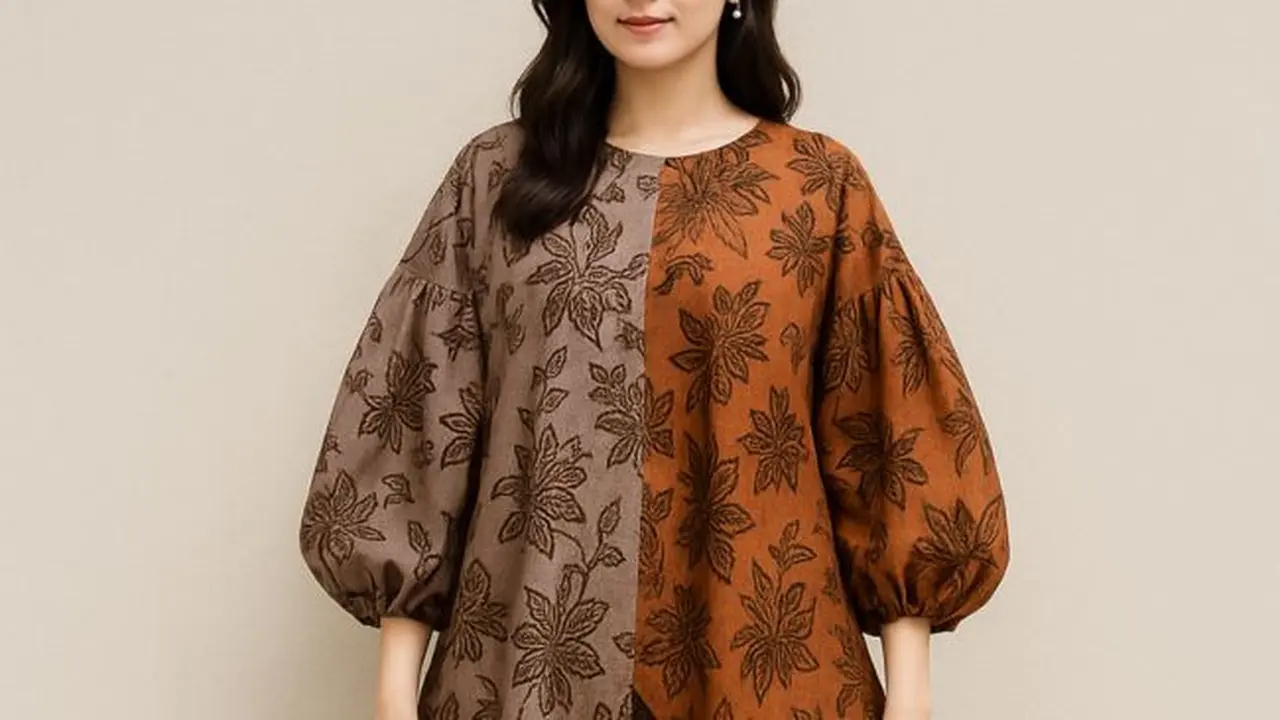 Ilustrasi Dress Batik Lengan Balon Two Tone (Sumber: ChatGPT)