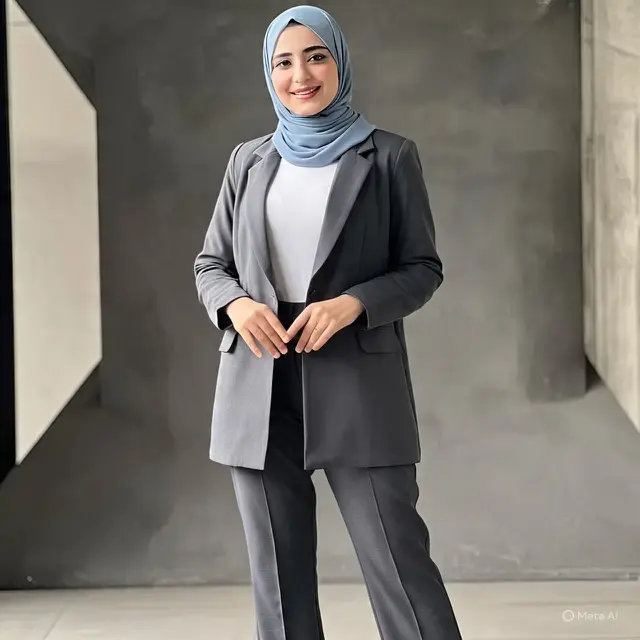 Ilustrasi muslimah memakai Turtleneck Top, Long Blazer, dan Long Pants (Created by Meta AI)