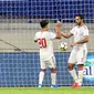 Pemain Timnas UEA berselebrasi setelah menjebol gawang Timnas Indonesia di Stadion Al Maktoum, Dubai (10/10/2019). ( (AFP/Karim Sahib)