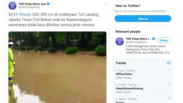 Banjir di lalu lintas underpass Tol Cawang, Jakarta Timur