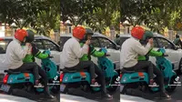 Seorang pria di Bandung viral lantaran sarapan di motor pakai rantang. Pria yang bersangkutan bahkan sempat menawarkan makannya pada abang ojek online yang memboncengnya. (Sumber: TikTok @yamaha.jabar)